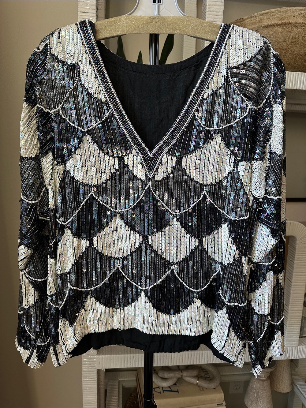 Black & White Silk Beaded Sequin V-Neck Women’s Top